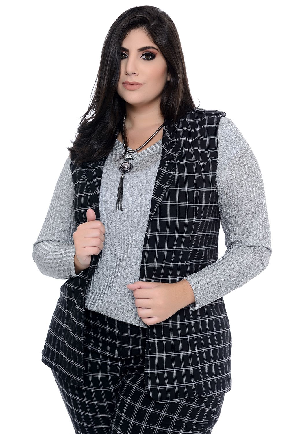 Fato xadrez feminino com cordões, camisa de colete, saia maxi