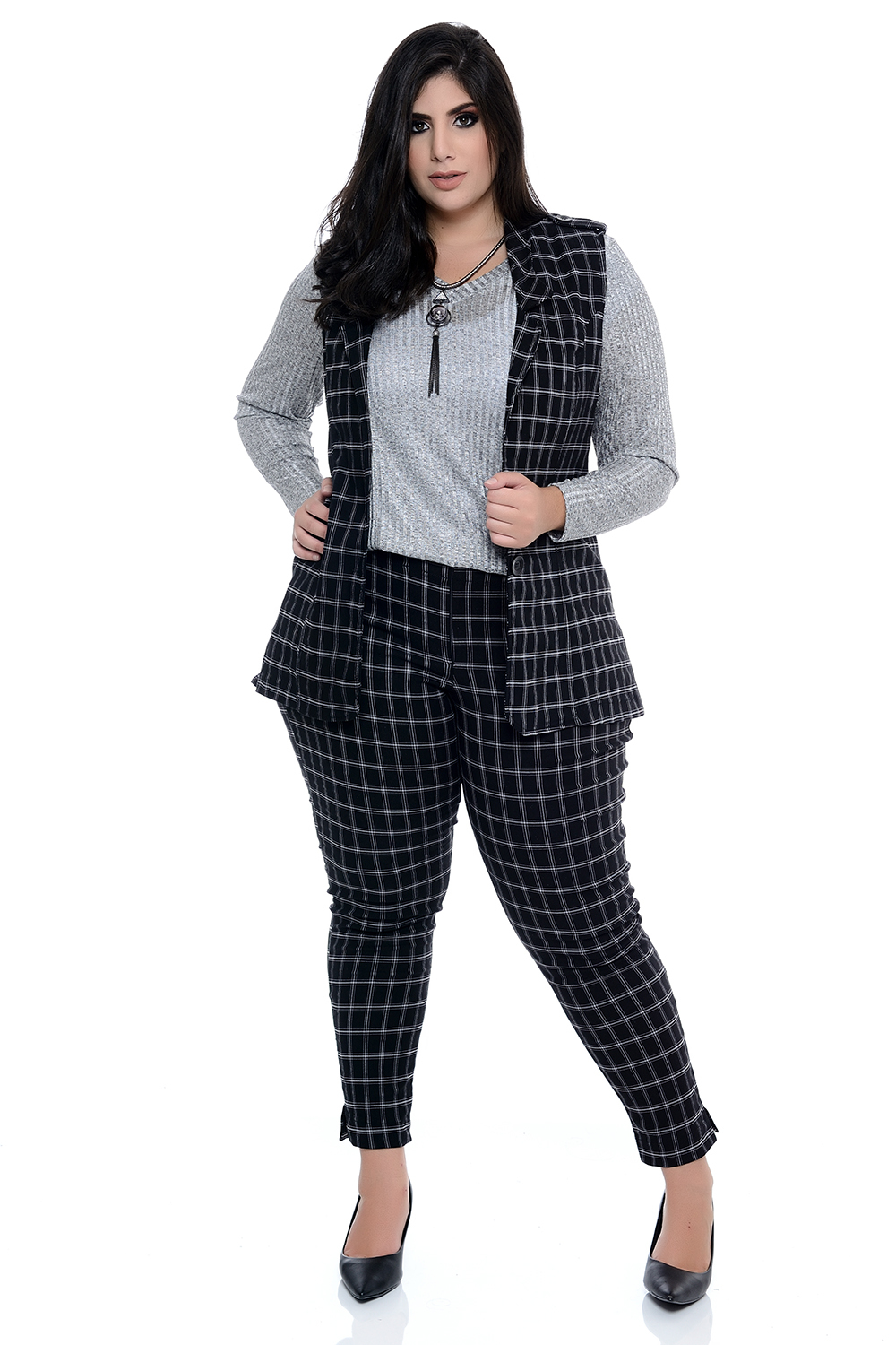 Blazer Plus Size Xadrez com Bolso