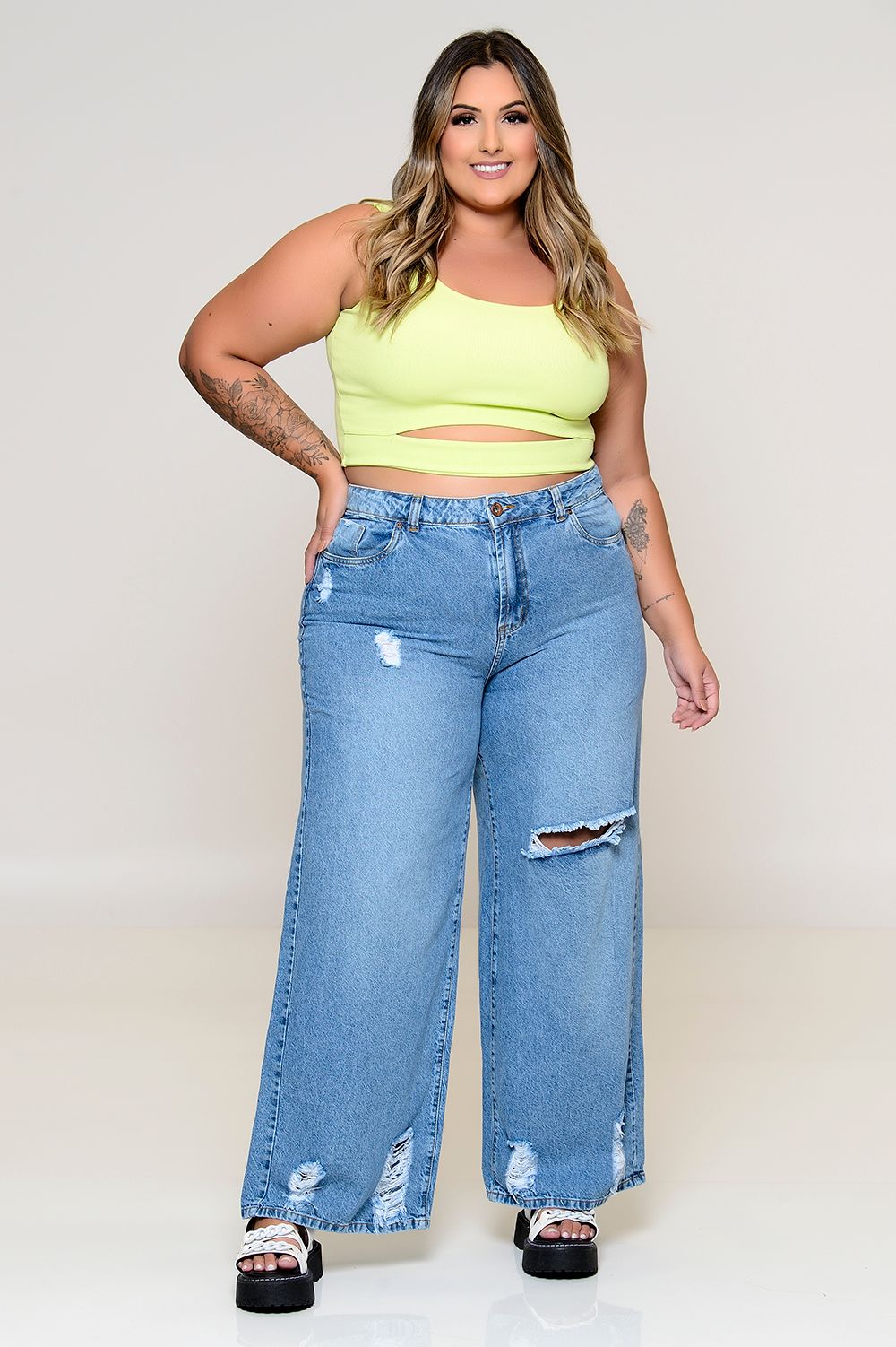 WIDE LEG C/ TRANÇA NO CÓS - Loony Jeans - Moda Feminina Plus Size