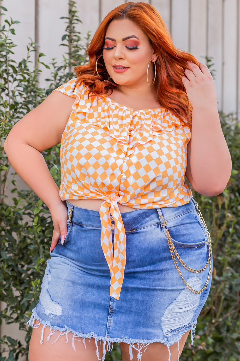 Camisa Cropped com Amarração Xadrez Vichy Laranja