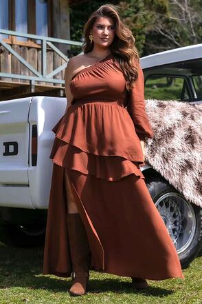 Vestido Longo Nula Manga Viscose Sarjada - Telha