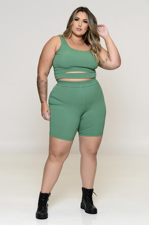 Conjunto Plus Size Cropped e Bermuda Ciclista Verde