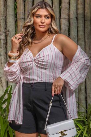 Camisa e Cropped Plus Size Listrado Rosa
