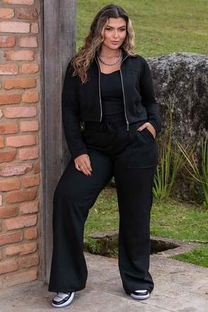 Jaqueta e Regata Plus Size em Suede - Preto