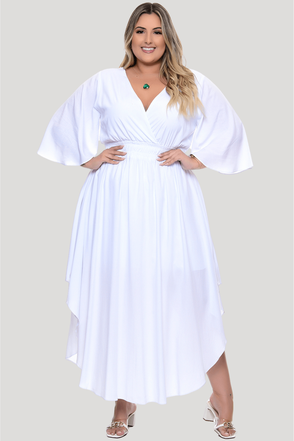 Vestido Plus Size Transpassado Assimétrico Branco