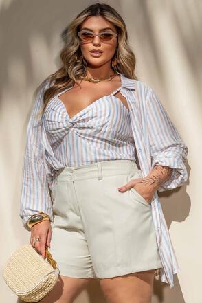 Camisa e Cropped Plus Size Listrado Azul
