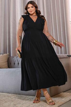 Vestido Plus Size com Babados - Preto
