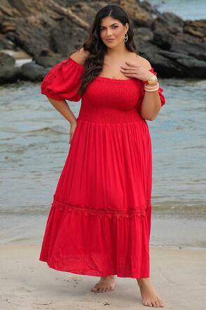 Vestido Plus Size Petalas Ao Sol Vermelho