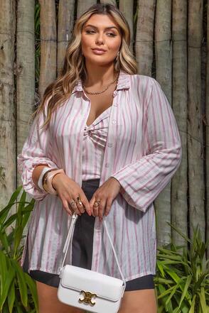 Camisa e Cropped Plus Size Listrado Rosa