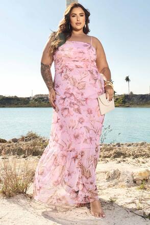 Vestido Plus Size Longo de Tule Estampado