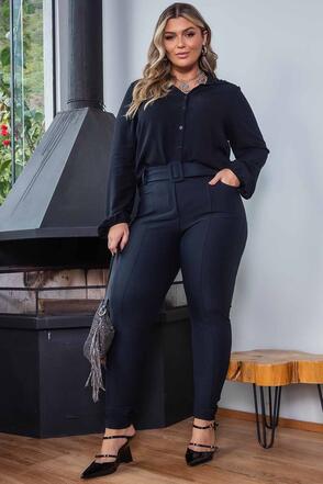 Camisa Plus Size Preta Maquinetada - Preto