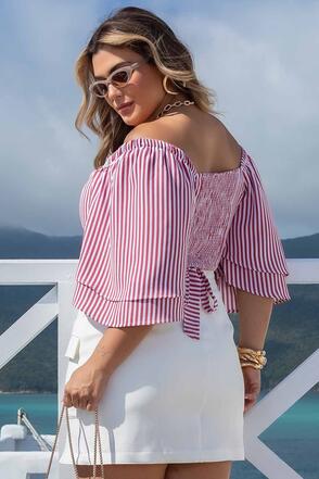 Cropped Plus Size Listrado Rosa