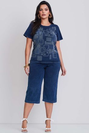 T-shirt Plus Size em Malha Jeans