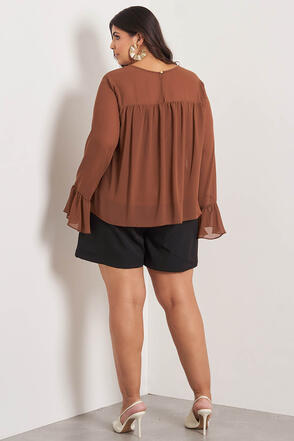 Blusa Plus Size Miche Manga Longa Marrom