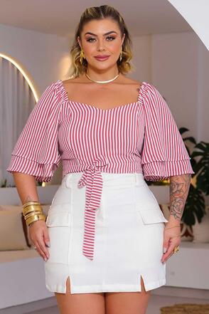 Cropped Plus Size Listrado Rosa