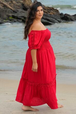 Vestido Plus Size Petalas Ao Sol Vermelho