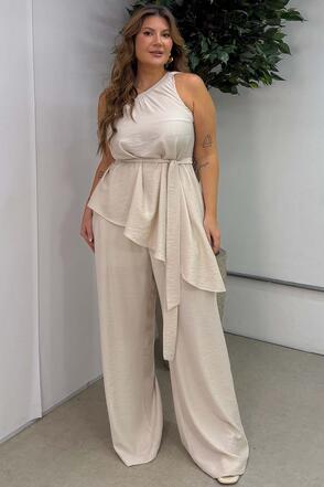Conjunto Plus Size Blusa Manga Nula e Calça Bege