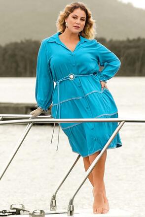 Vestido Chemise Plus Size Abotoamento Frontal - Azul