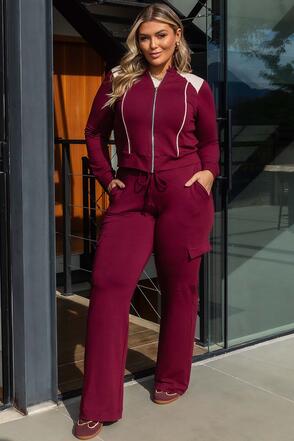 Conjunto Plus Size Jaqueta e Calça Moletinho Vinho