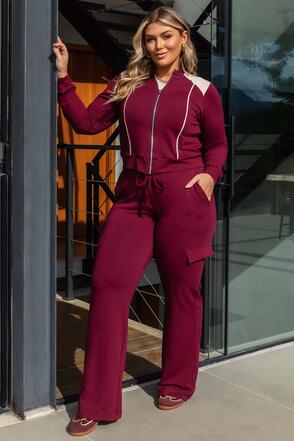 Conjunto Plus Size Jaqueta e Calça Moletinho Vinho