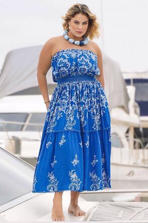 Vestido Plus Size Estampado Sem Alças Azul