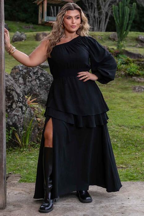 Vestido Longo Nula Manga Sarjado Preto