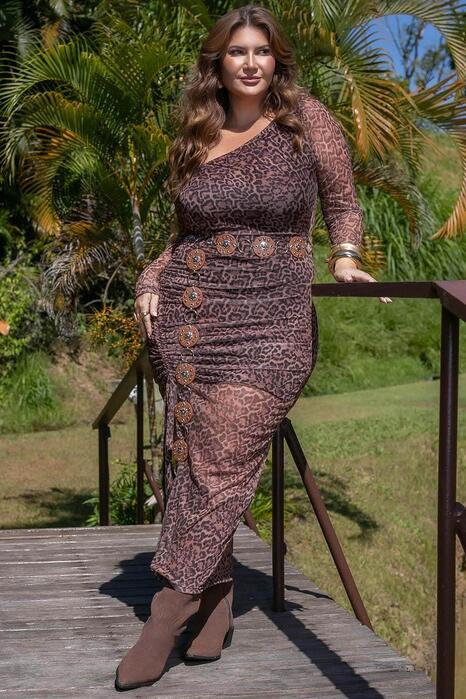 Vestido Plus Size Midi em Tule Animal Print - Estampado