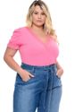 Blusa Plus Size Lisa Decote V Detalhes em Renda Rosa
